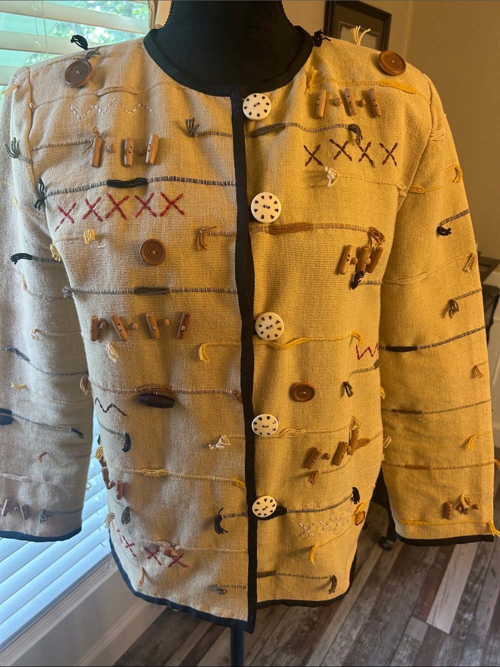 Allure Yellow Embellished Collarless Jacket with Black Trim